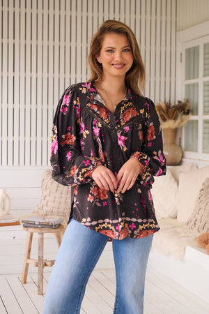 Jaase Eliza Blouse with V-Neck Lace Buttons Balloon Sleeve - Monarch Bloom - Style House Fashion