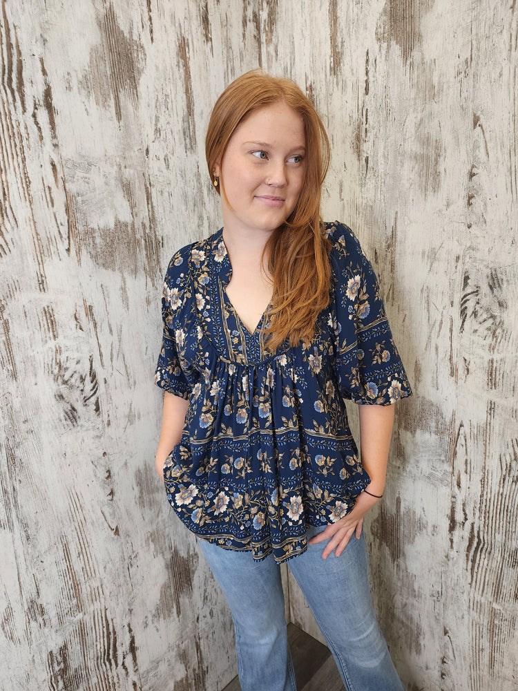 Jaase Boheme Blouse Top with Mandarin Collar V Neck Pockets - Adeline - Style House Fashion Jaase