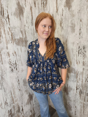 Jaase Boheme Blouse Top with Mandarin Collar V Neck Pockets - Adeline - Style House Fashion Jaase