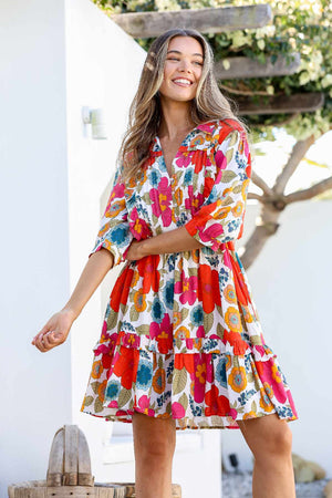 Joop & Gypsy Kelly Mini Dress V Neck Pockets - Red Tropics - Style House Fashion