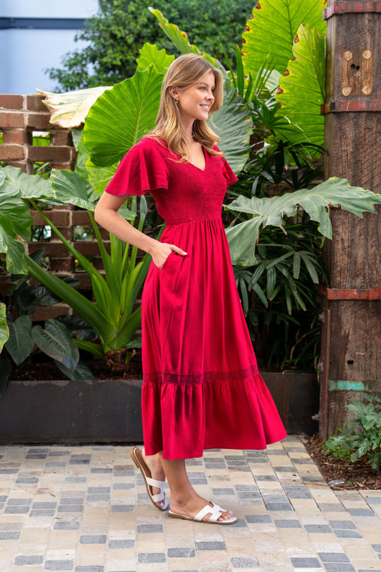 Boho Australia Blevins Midi Dress with V-Neck Buttons Pockets - Red