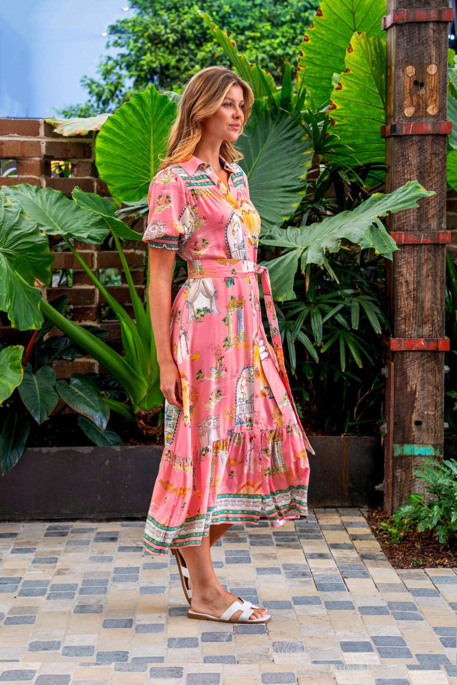 Boho Australia Lynn Midi Dress with V-Neck Buttons Pockets - Pink Oasis
