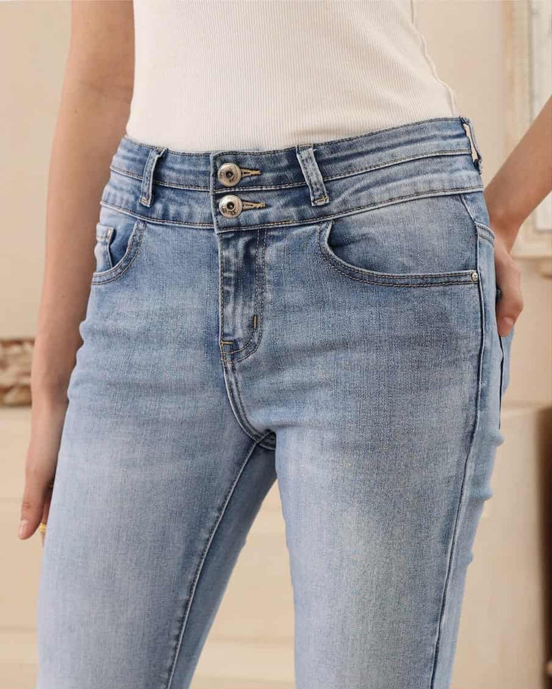 Iris Maxi Jedda Stretch Mid Low Rise Boot Leg Denim Jeans - Light Blue