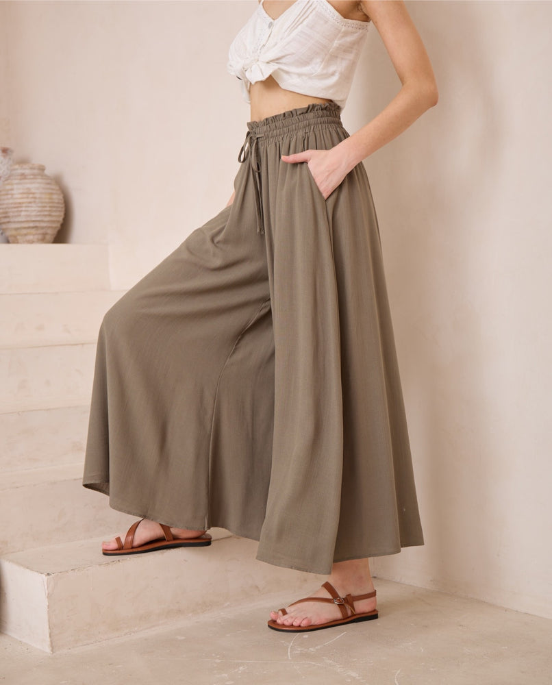 Iris Maxi Palazzo Pants Drawstring Waist Wide Leg - Khaki - Style House Fashion