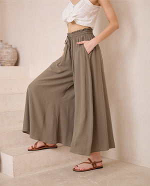 Iris Maxi Palazzo Pants Drawstring Waist Wide Leg - Khaki - Style House Fashion