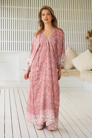 Jaase Bree Maxi Dress with V Neck Button Bodice Elastic Frill Sleeve - Angelina