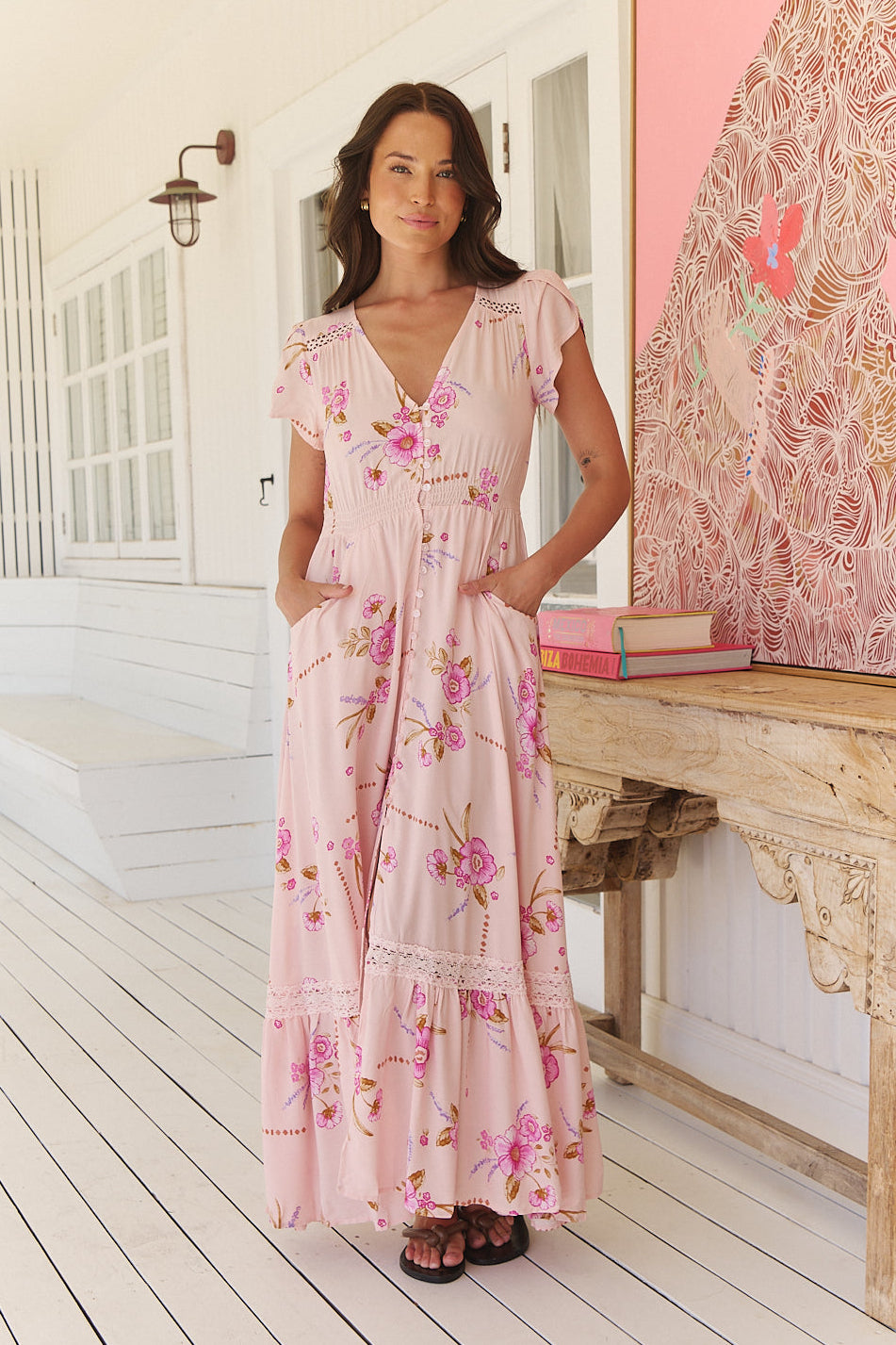 Jaase Carmen Maxi Dress with Cap Shell Sleeve V Neck Pockets Buttoned - Blushing Fields - Style House Fashion Jaase Jaase