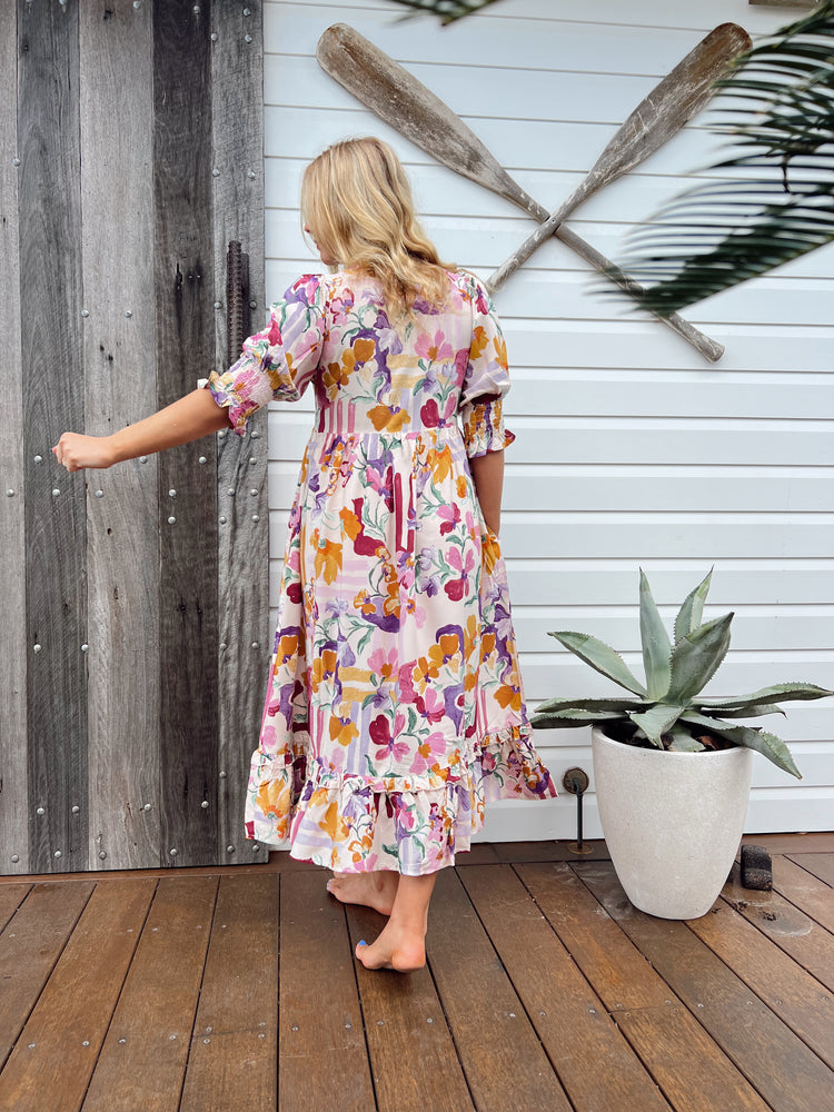 Jaase Kora Midi Dress with Tie Up V Neck Pockets Short Sleeve - Sweet Lilly - Style House Fashion Jaase Jaase