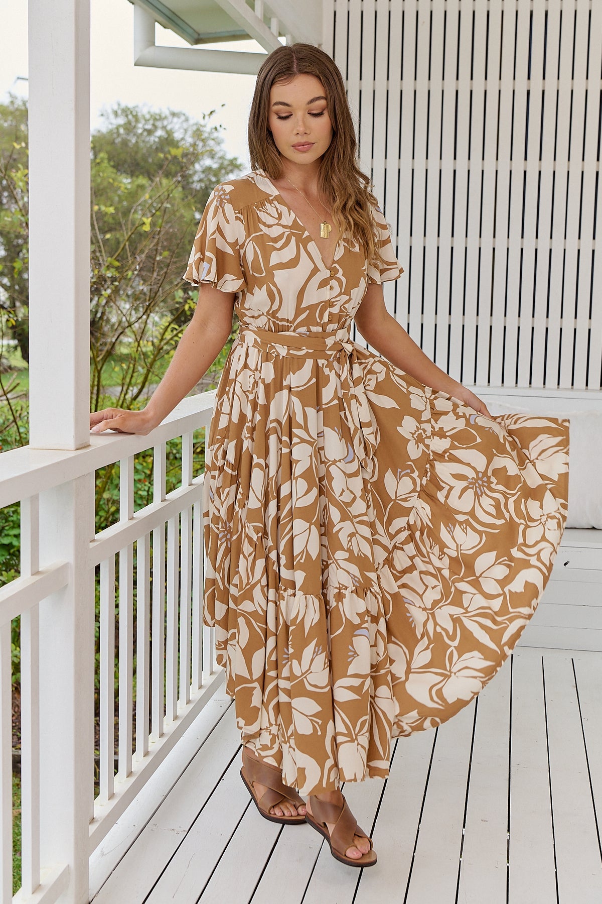 Jaase Taurus Maxi Dress with V Neck Flutter Sleeve Hankerchief Skirt - Champagne Mist - Style House Fashion Jaase Jaase