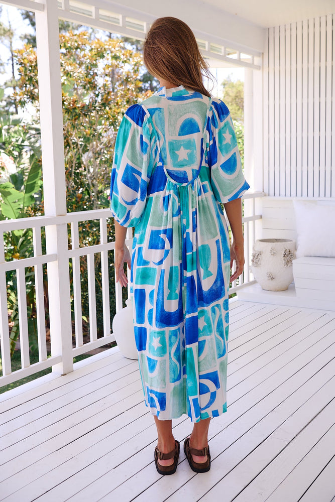 Jaase Boheme Midi Dress with Mandarin Collar V Neck Pockets - Maldives - Style House Fashion Jaase