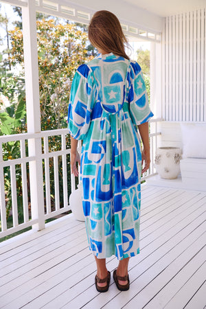 Jaase Boheme Midi Dress with Mandarin Collar V Neck Pockets - Maldives - Style House Fashion Jaase