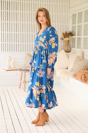 Jaase Eve Midi Dress with V-Neck Buttons Long Sleeve - Georgia Blue - Style House Fashion Jaase Jaase