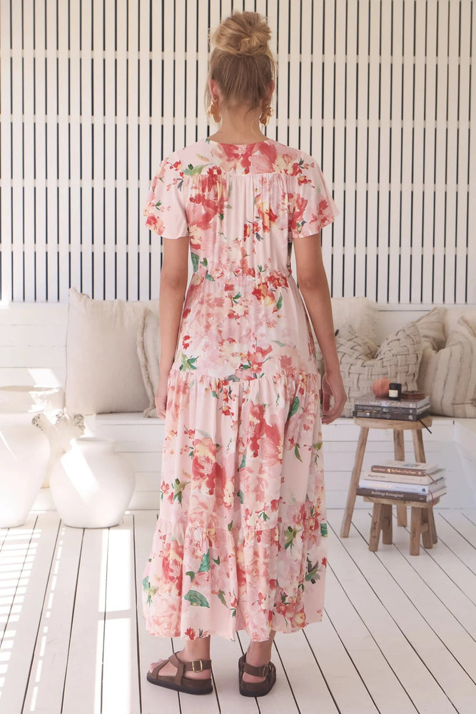 Jaase Teresia Maxi Dress with Flutter Sleeve V Neck Button Bodice Drawstring Waist - Alessia