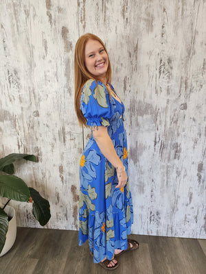 Jaase Rini Midi Dress V Neck Off Shoulder Elastic Waist - Blue Bell - Style House Fashion Jaase