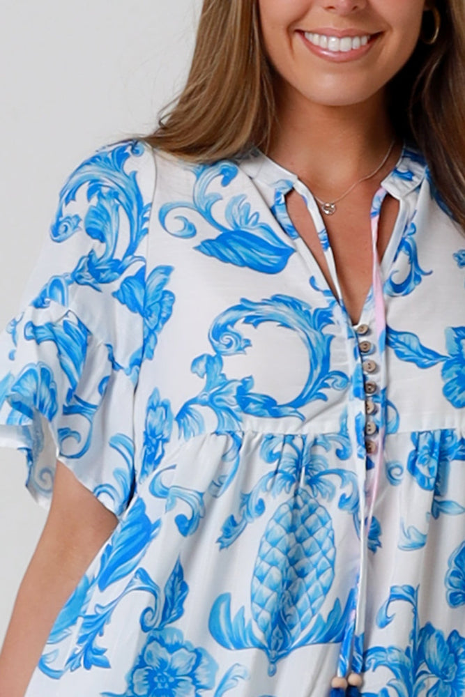 Isabella Amiri Mini Dress with V-Neck Buttons Pockets - Blue Flourish