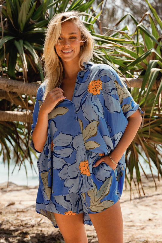 Jaase River Shirt Blouse with V Neck Collar Buttoned Front - Blue Bell