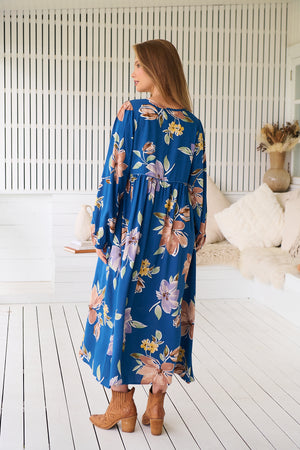 Jaase Penny Midi Dress with V-Neck Ties Elastic Cuff Sleeve - Georgia Blue - Style House Fashion Jaase
