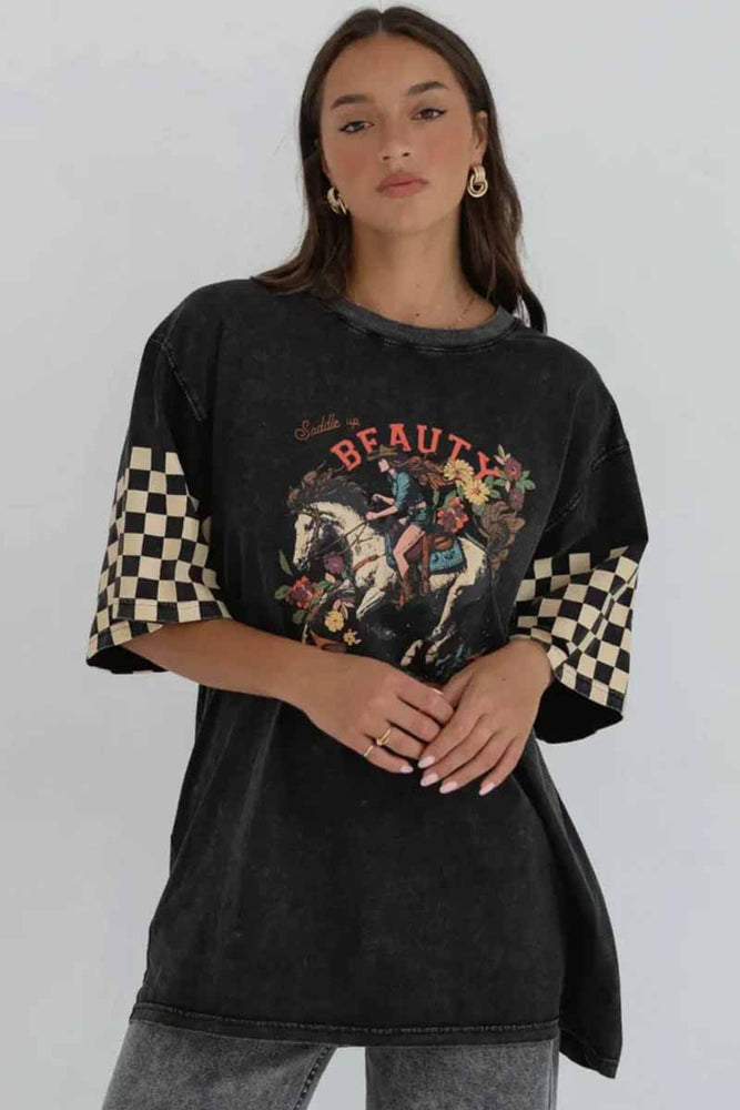 Paper Heart Saddle Up Beauty Slightly Oversized Vintage T-Shirt - Black Stone Wash - Style House Fashion Paper Heart