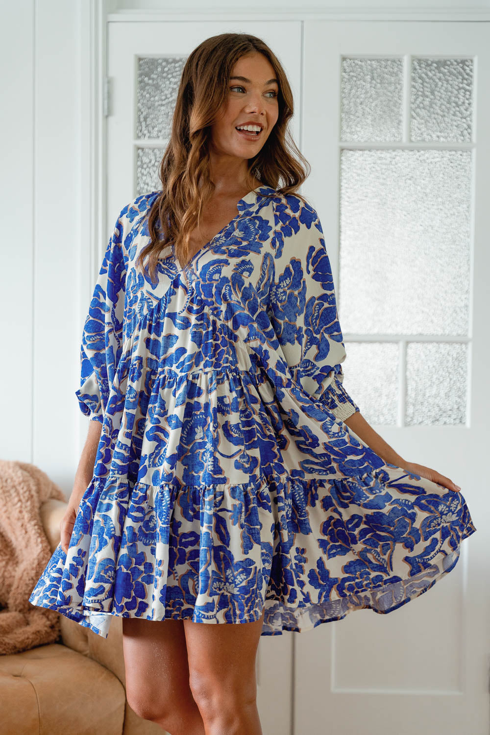 Jaase Soul Mini Dress with V-Neck Long Sleeve Shirred Sleeve - Indigo Bloom - Style House Fashion