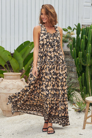 Jaase Erryn Maxi Dress with Tiered Skirt Tie Bodice - Gold Valley - Style House Fashion Jaase