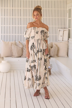 Jaase Claudette Maxi Dress With Shirred Bodice Puff Sleeve Off Shoulder Tiered Skirt - Serene - Style House Fashion Jaase Jaase