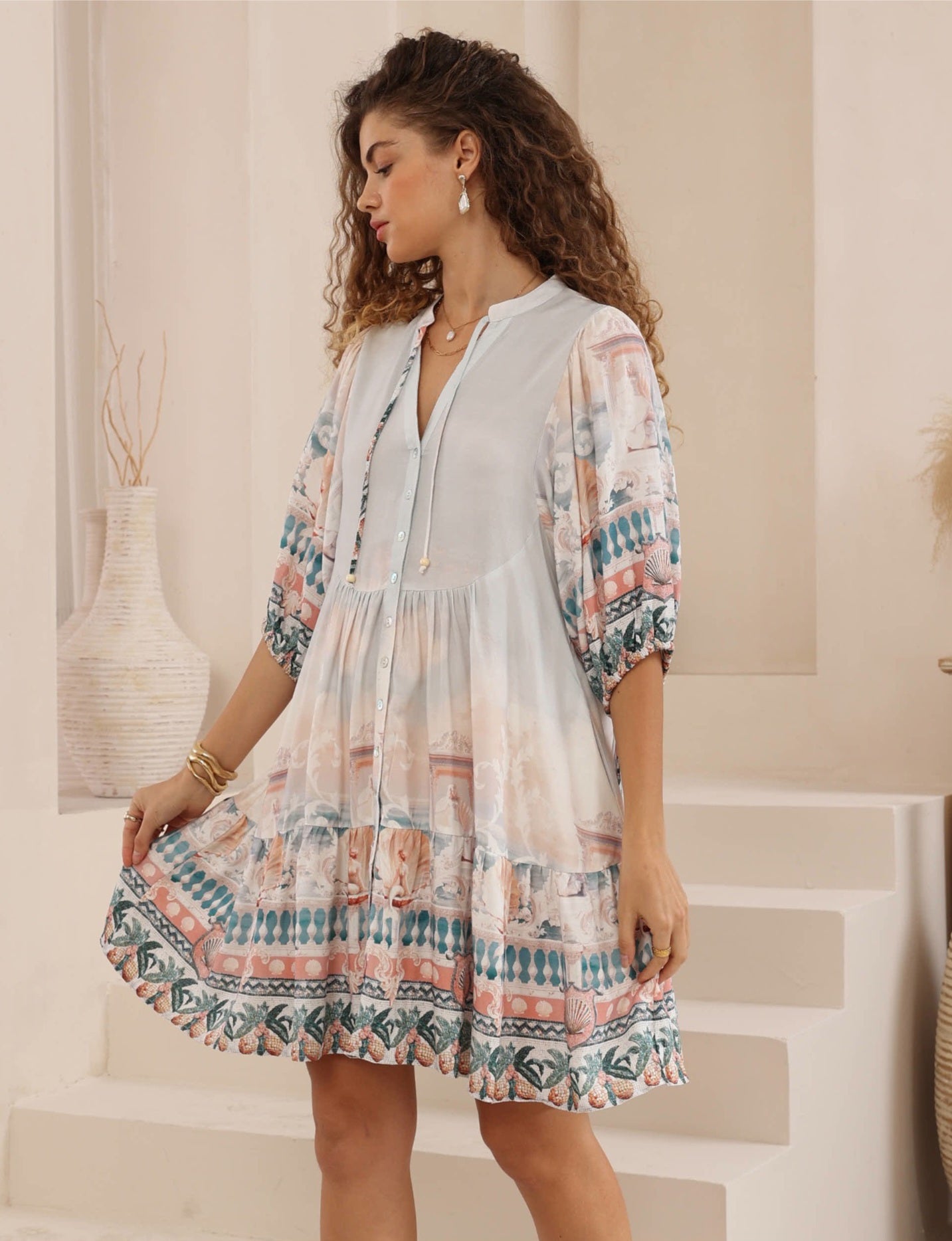 Iris Maxi Emma Mini Dress with V-Neck Buttons Pockets - Josephine - Style House Fashion