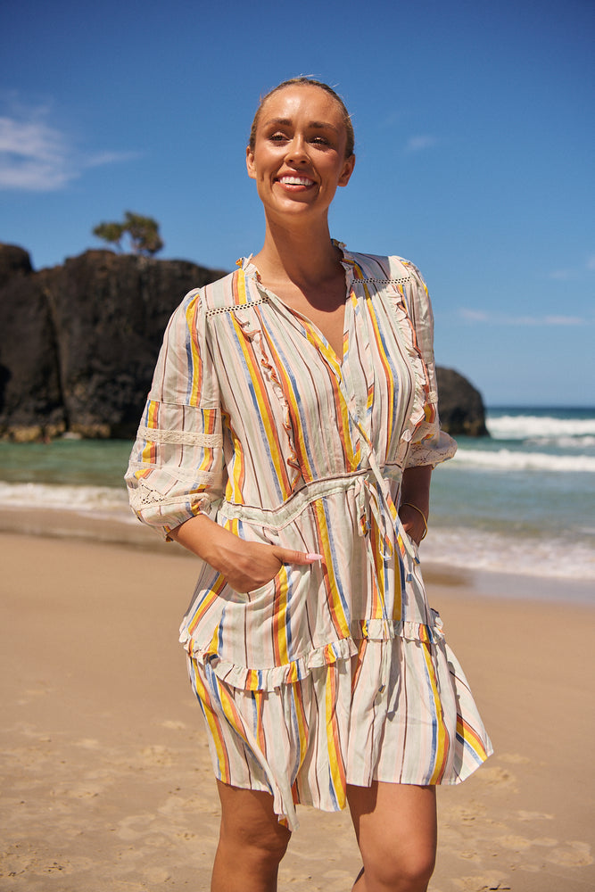 Jaase Remy Mini Dress with Pockets Drawstring Waist Half Sleeve Button Bodice - Coloured Sands - Style House Fashion Jaase Jaase