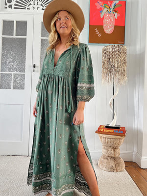 Jaase Meadow Maxi Dress with V Neck Button Bodice - Viridian - Style House Fashion Jaase