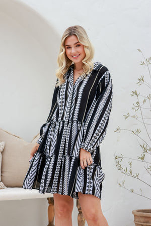 Joop & Gypsy Karri Jacquard Dress with V-Neck Collar Pockets - Black Lurex - Style House Fashion Joop and Gypsy