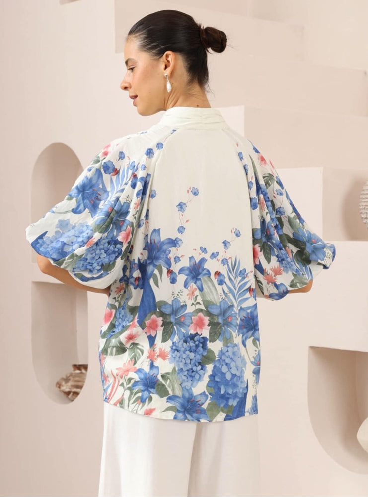 Iris Maxi Mia Cotton Blouse Top with V-Neck Puff Sleeve Buttons - Hydrangea