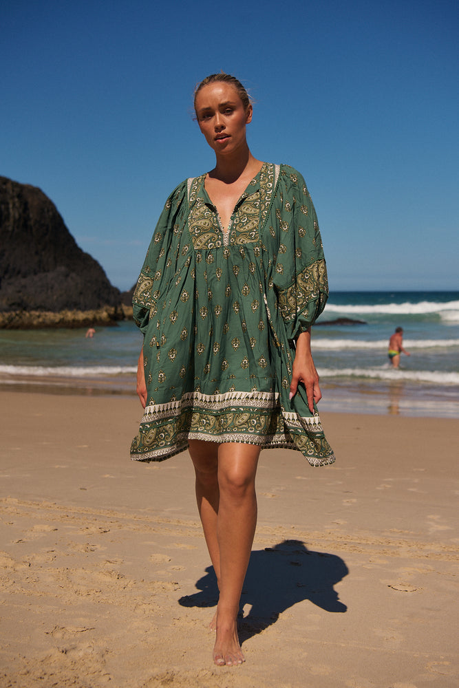 Jaase Adela Dress with Buttoned Bodice V-Neck Pockets - Viridian