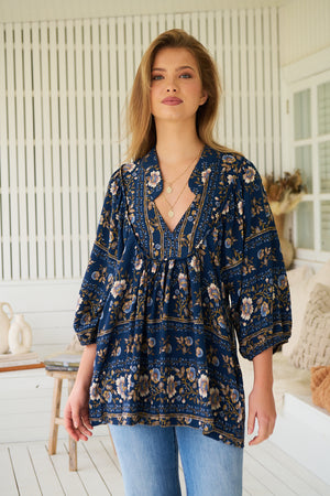 Jaase Boheme Blouse Top with Mandarin Collar V Neck Pockets - Adeline - Style House Fashion Jaase