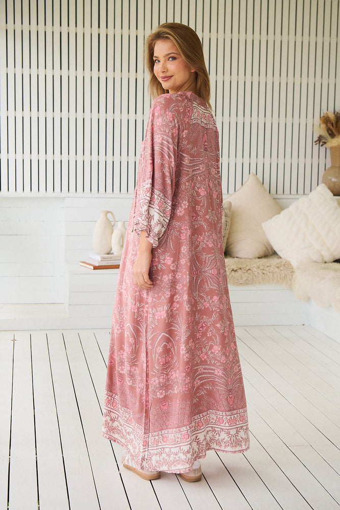 Jaase Bree Maxi Dress with V Neck Button Bodice Elastic Frill Sleeve - Angelina