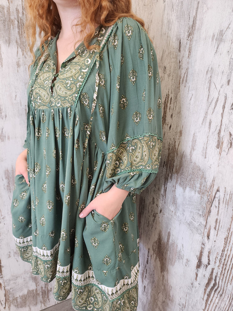 Jaase Adela Dress with Buttoned Bodice V-Neck Pockets - Viridian