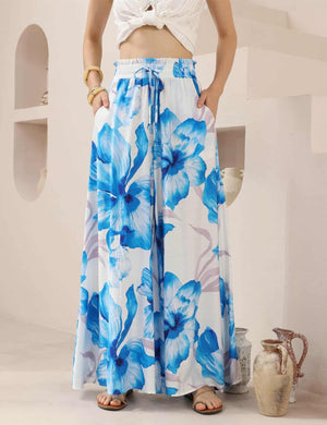 Iris Maxi Palazzo Pants with Drawstring Waist Wide Leg - Blue Hibiscus - Style House Fashion Iris Maxi