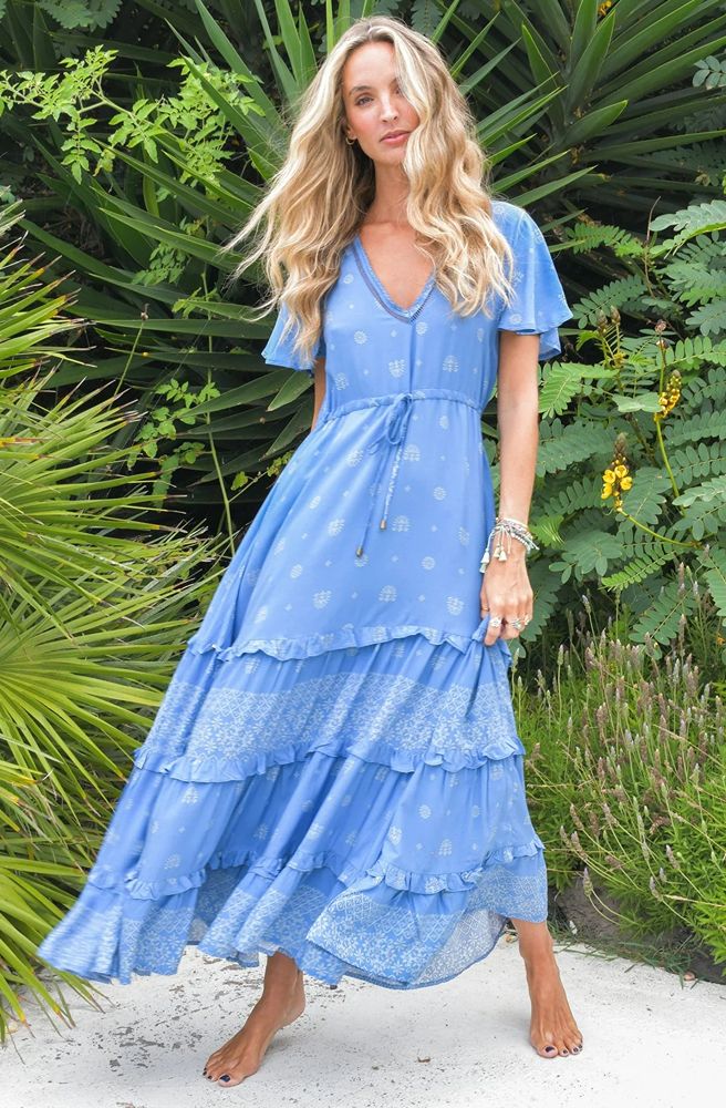 Jaase Lolana Maxi Dress with V Neck Flutter Sleeve Drawstring - Azure Sky - Style House Fashion Jaase