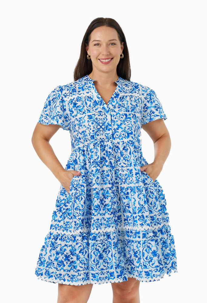 Boho Australia Ameera Cotton Mini Dress with V-Neck Buttons Pockets - Porcelain