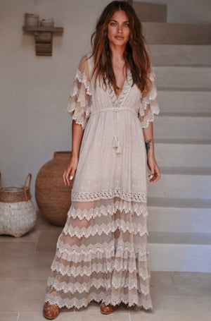 Jaase Bungalow Cotton Maxi Dress with V-Neck Lace Drawstring Batwing Sleeve - Mocha - Style House Fashion Jaase