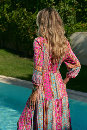 Jaase Tessa Maxi Dress with Drawstring Waist V- Neck Buttoned Bodice - Cedella - Style House Fashion Jaase Jaase