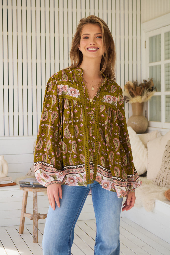 Jaase Bee Blouse Top with Mandarin Collar V Neck Buttons Lace Detail - Amalie - Style House Fashion Jaase Jaase Jaase Jaase
