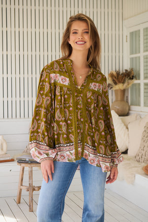 Jaase Bee Blouse Top with Mandarin Collar V Neck Buttons Lace Detail - Amalie - Style House Fashion Jaase Jaase Jaase Jaase