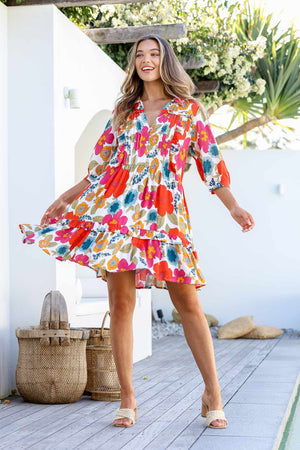 Joop & Gypsy Kelly Mini Dress V Neck Pockets - Red Tropics - Style House Fashion