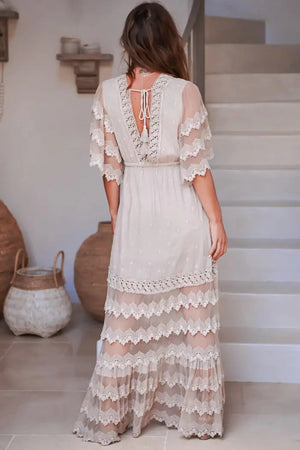 Jaase Bungalow Cotton Maxi Dress with V-Neck Lace Drawstring Batwing Sleeve - Mocha - Style House Fashion Jaase