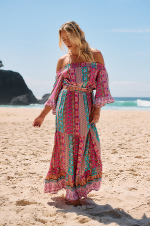 Jaase Tegan Maxi Dress with Shirred Waist Off Shoulder Wing Sleeve - Cedella - Style House Fashion