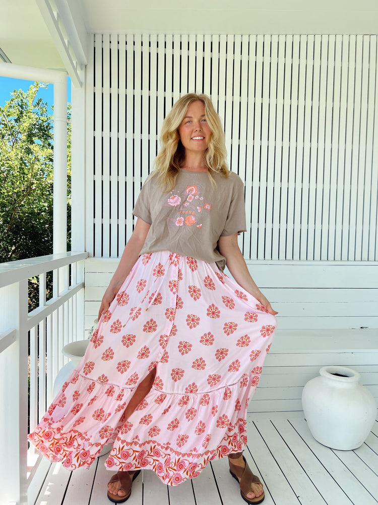 Jaase Daphne Maxi Skirt with Drawstring Waist Buttoned Front - Desert Wildflowers