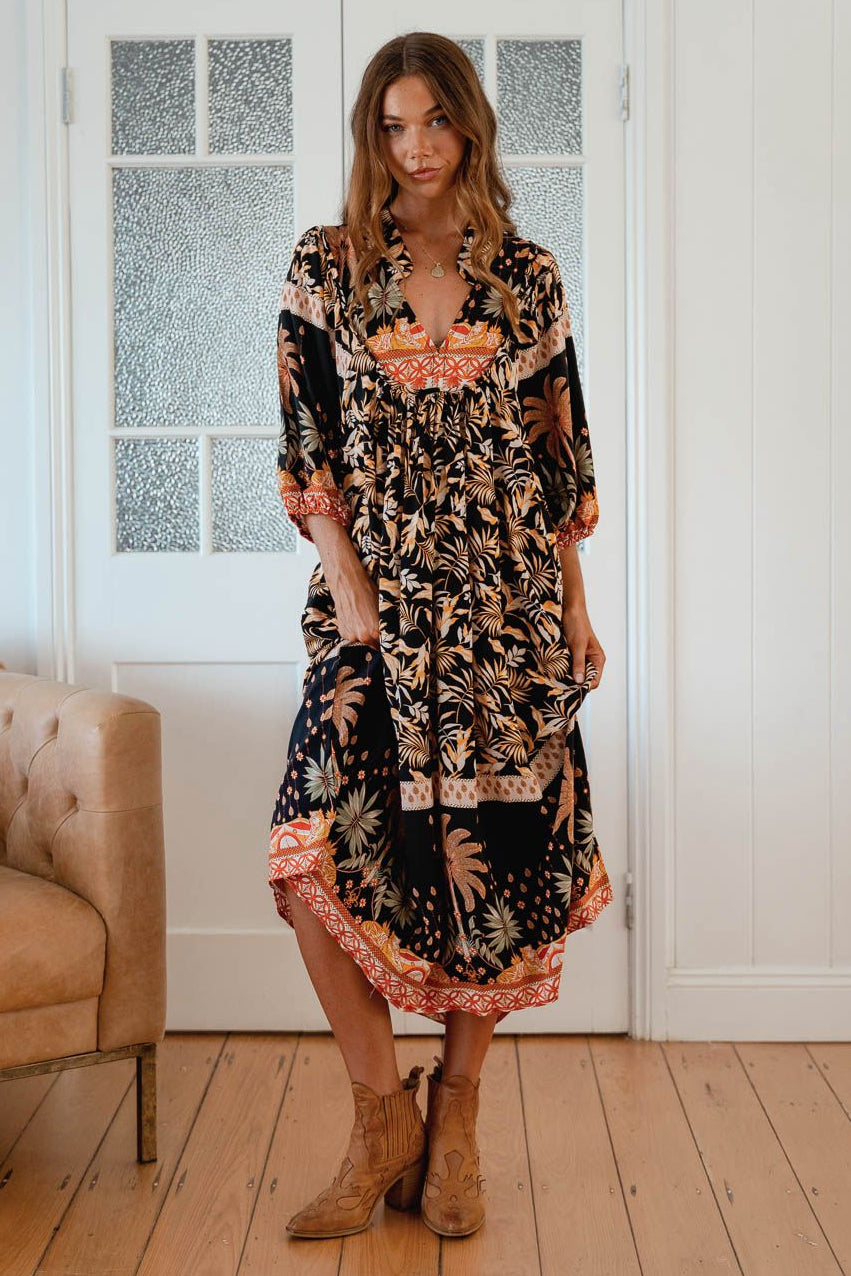 Jaase Boheme Midi Dress with Billowy Sleeve V-Neck Pockets - Jardin - Style House Fashion