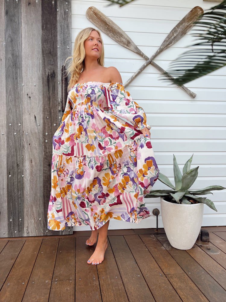Jaase Tulli Midi Dress with Shirred Bodice Pockets Puff Sleeve - Sweet Lilly - Style House Fashion Jaase Jaase Jaase