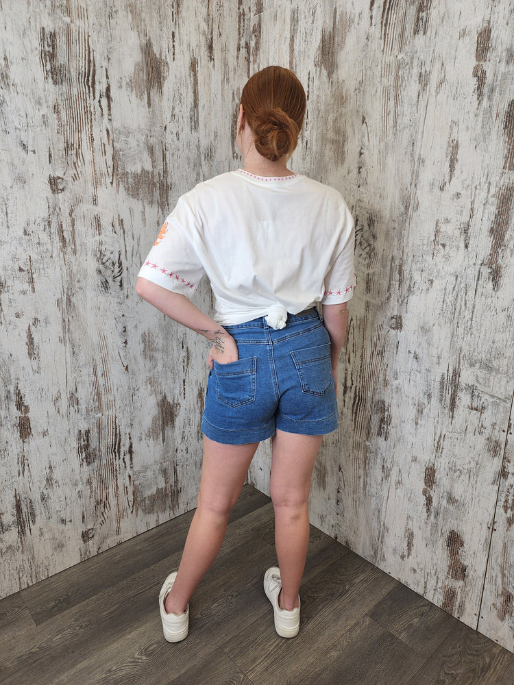 Country Denim Jodie Stretch High Rise Cargo Shorts - Mid Blue