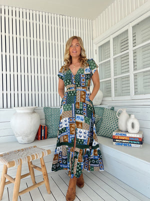 Jaase Carmen Maxi Dress with Cap Shell Sleeve V Neck Pockets Buttoned - Emerald Cove - Style House Fashion Jaase Jaase Jaase