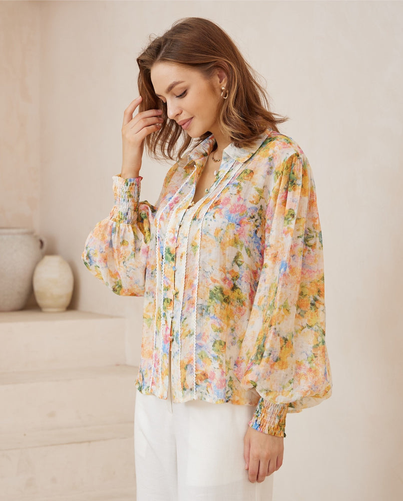 Iris Maxi - Maya Blouse Top with Collar Long Sleeve Buttons - Bouquet - Style House Fashion Iris Maxi